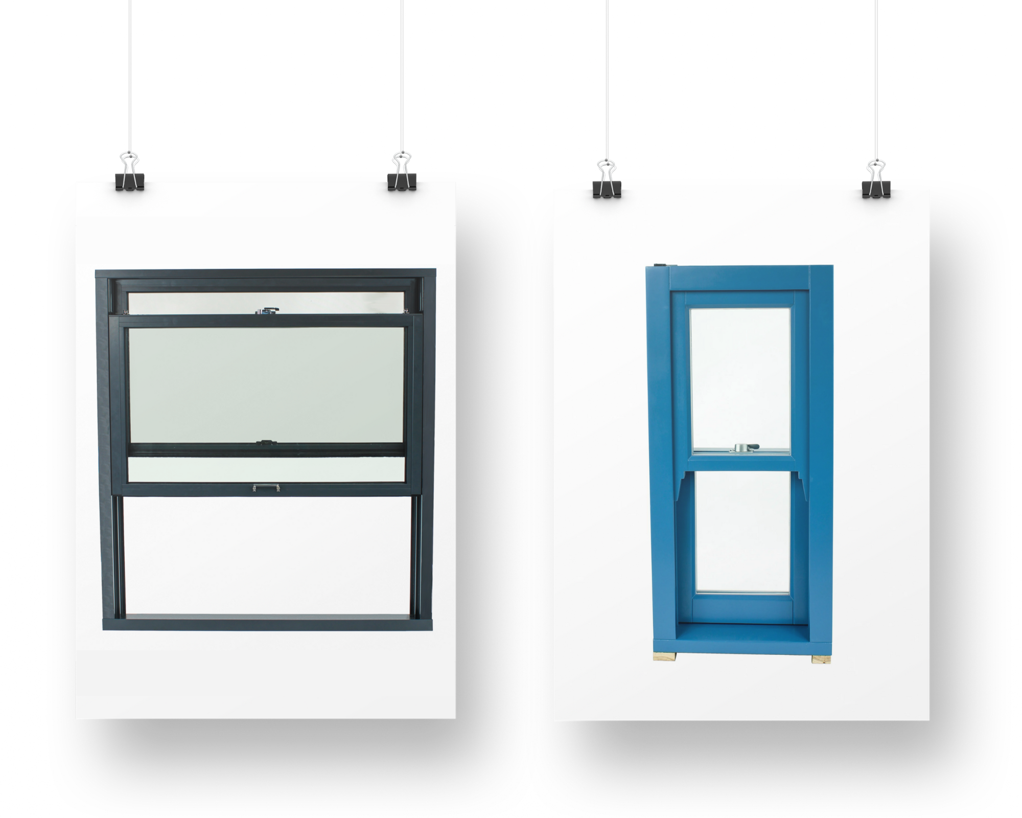 fenêtre bleue en bois et fenêtre en aluminium anthracite